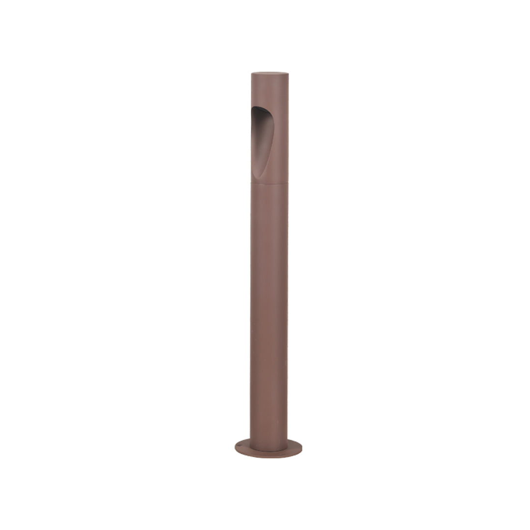 Tall brown garden bollard led lights with a sleek cylindrical profile and warm upper light opening.