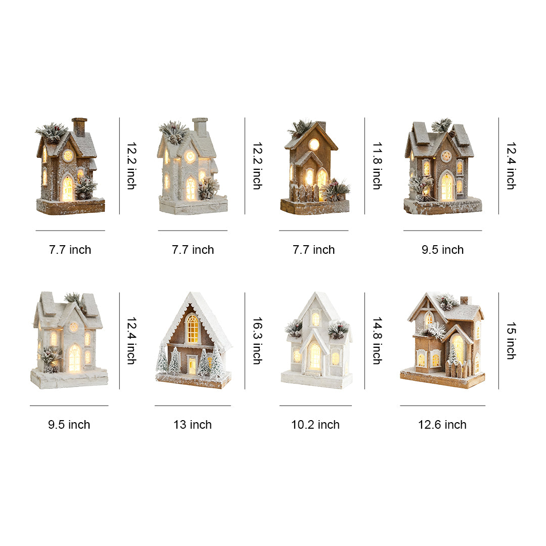 Brown wooden Christmas cottage with chimney, snow accents, and warm interior lights.
