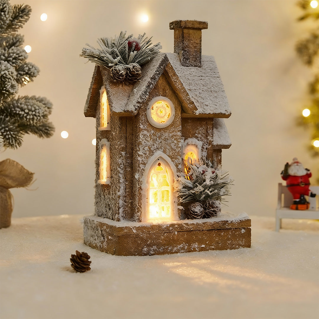 Brown wooden cottage with a chimney, functioning as festive light up wooden christmas houses for holiday displays.