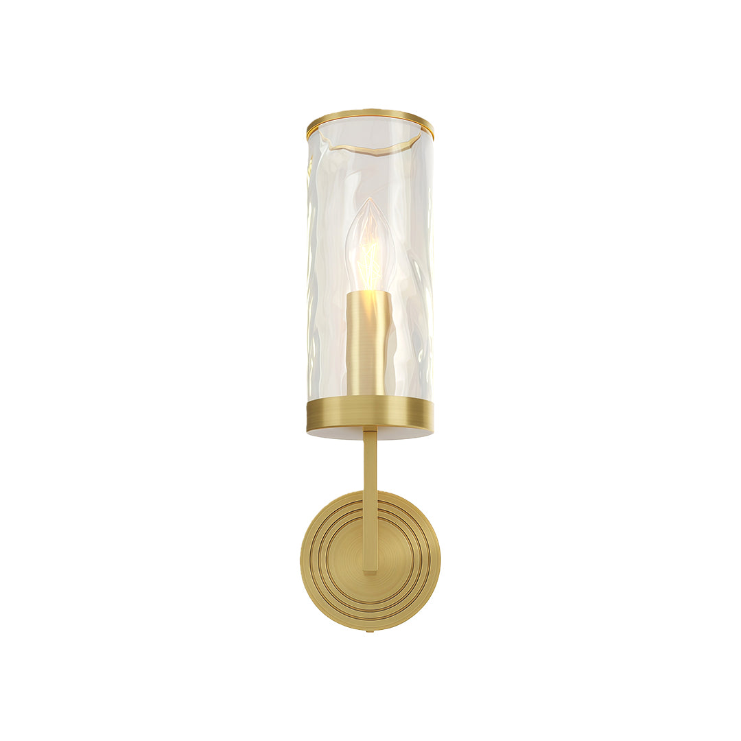 Modern luxury chandeliers style wall glass light with brushed brass and cylindrical glass shade.
