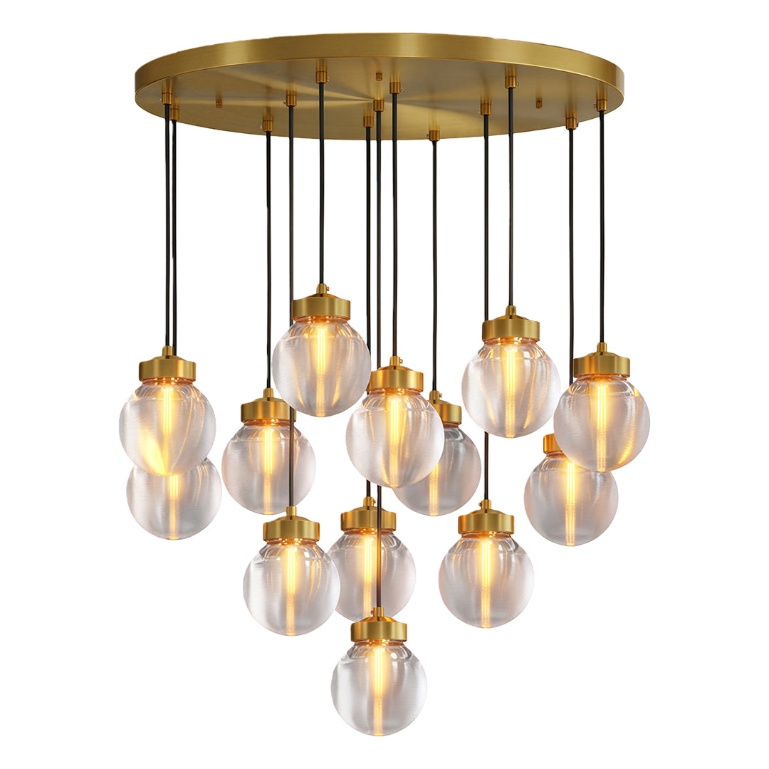 Glass semi flush mount lighting featuring brushed brass with dense multi-globe arrangement