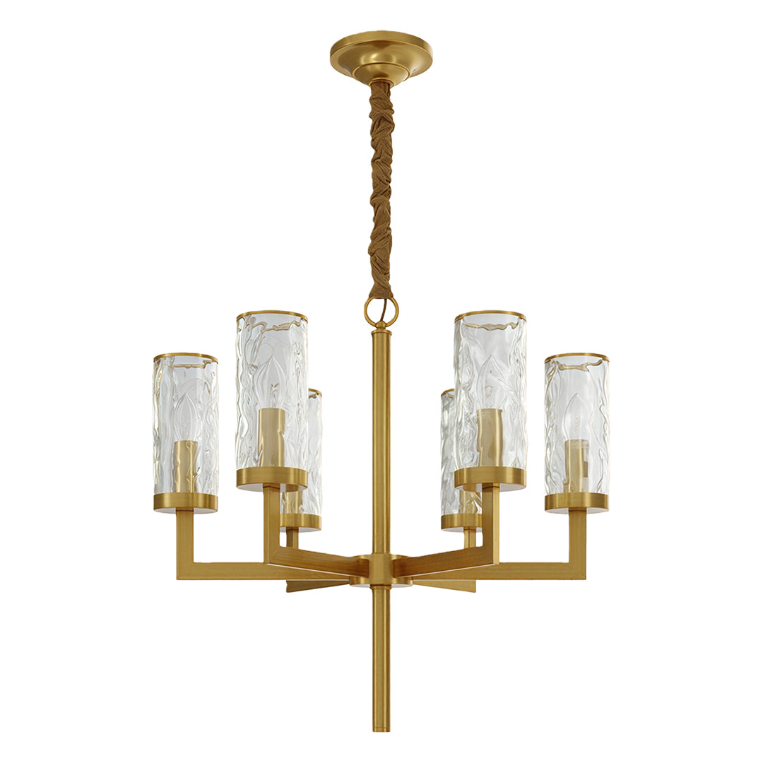 Modern luxury chandeliers with brushed brass geometric frame and cylindrical glass shades
