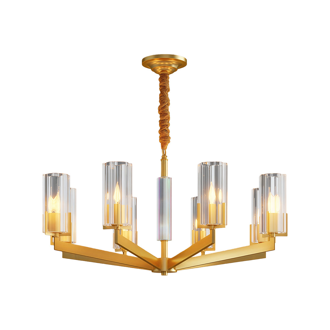 Shell chandeliers with brushed brass finish and radial configuration glass tube arrangement