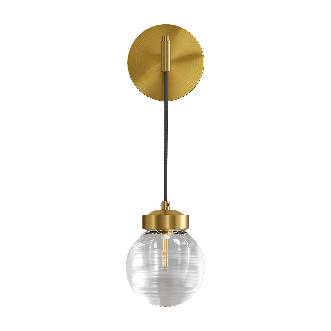 Modern luxury chandeliers with brushed brass circular backplate and ribbed glass globe pendant