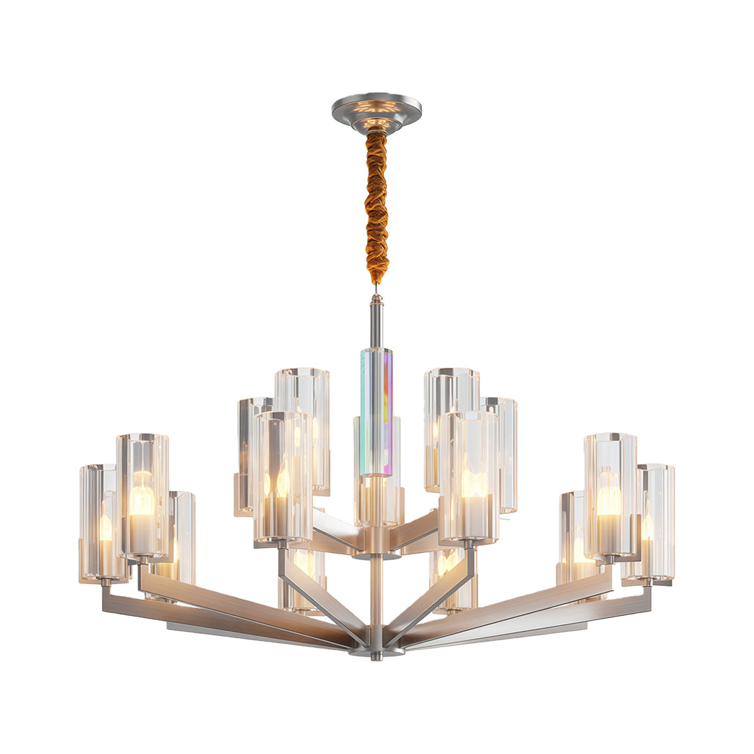 Shell chandeliers featuring brushed chrome with modern angular arm and glass cylinder configuration