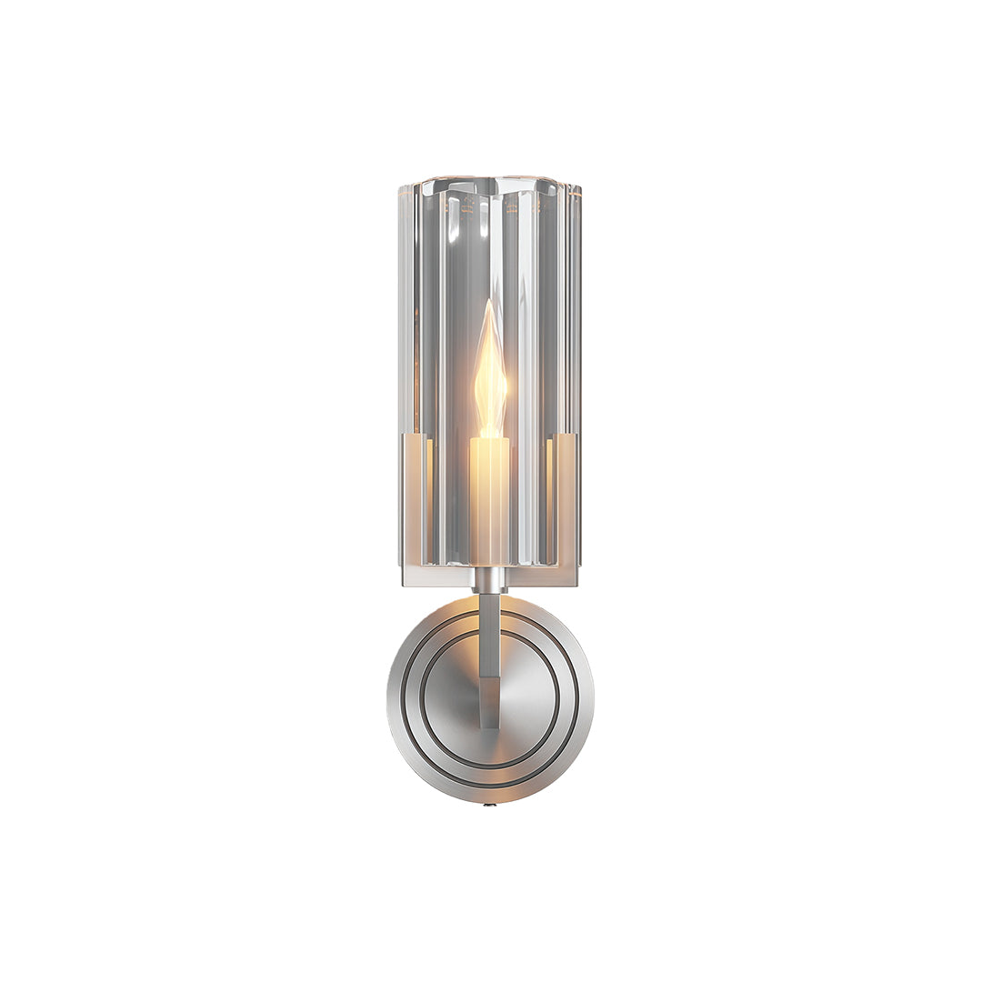 Candle chandeliers featuring brushed chrome with clear fluted glass cylinder design