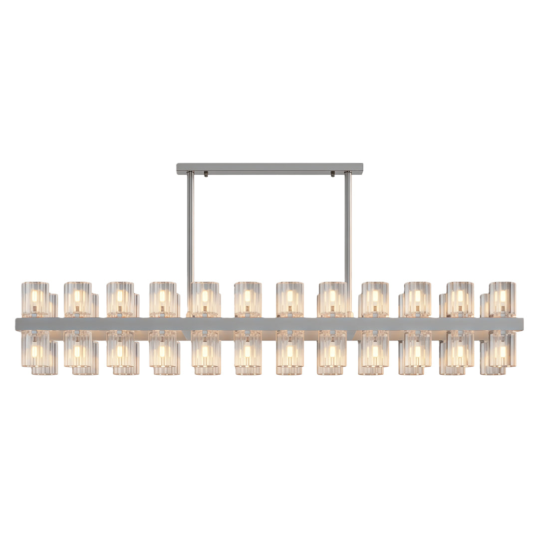 Luxury crystal chandeliers featuring brushed chrome with linear crystal configuration.