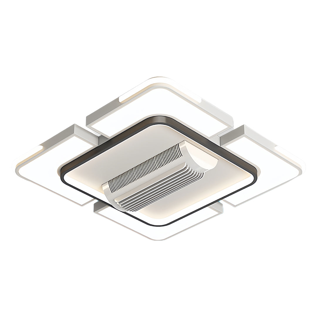 Minimalist bladeless ceiling fan with square frame and integrated LED light