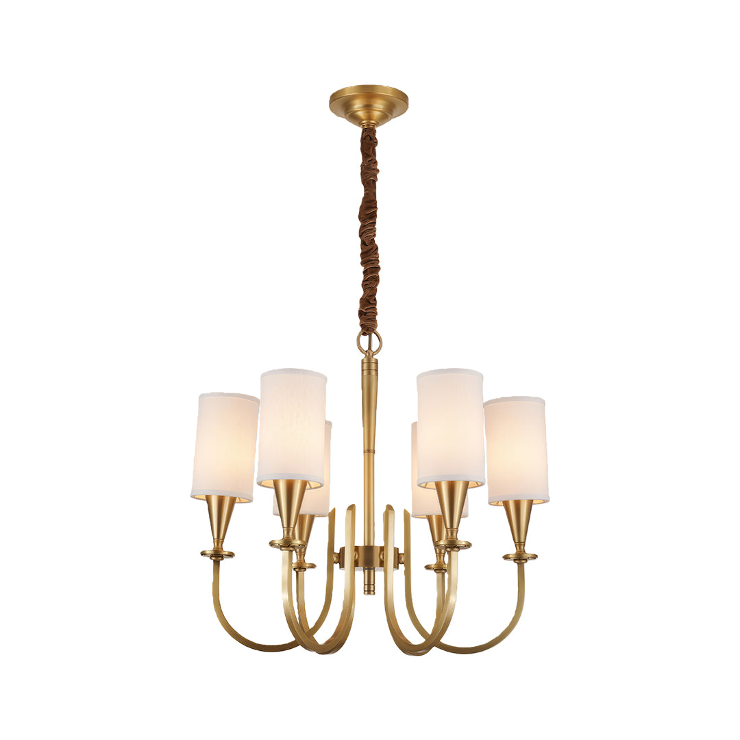 Modern luxury chandeliers with brushed copper arms and white fabric cone shades