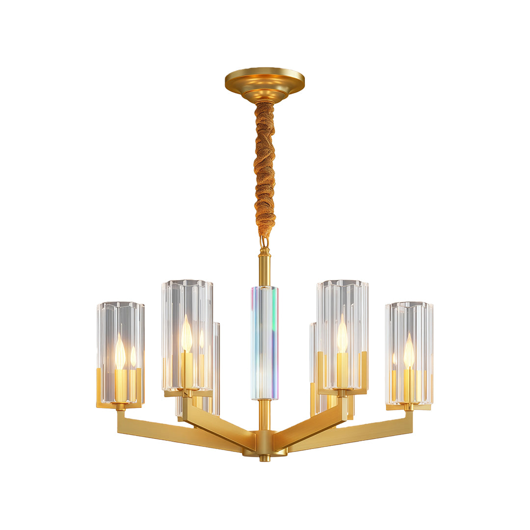 Modern luxury chandeliers with brushed gold angular frame and fluted glass cylinder shades