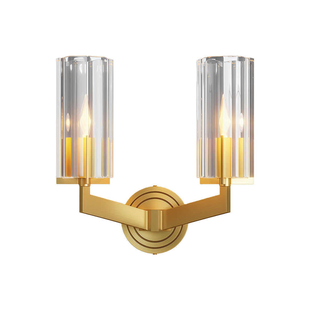 Candle chandeliers with brushed gold double-arm design and clear ribbed glass shades