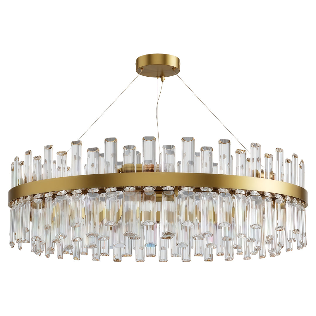 Decorative luxury crystal chandelier with brushed gold band and layered crystal glass design.