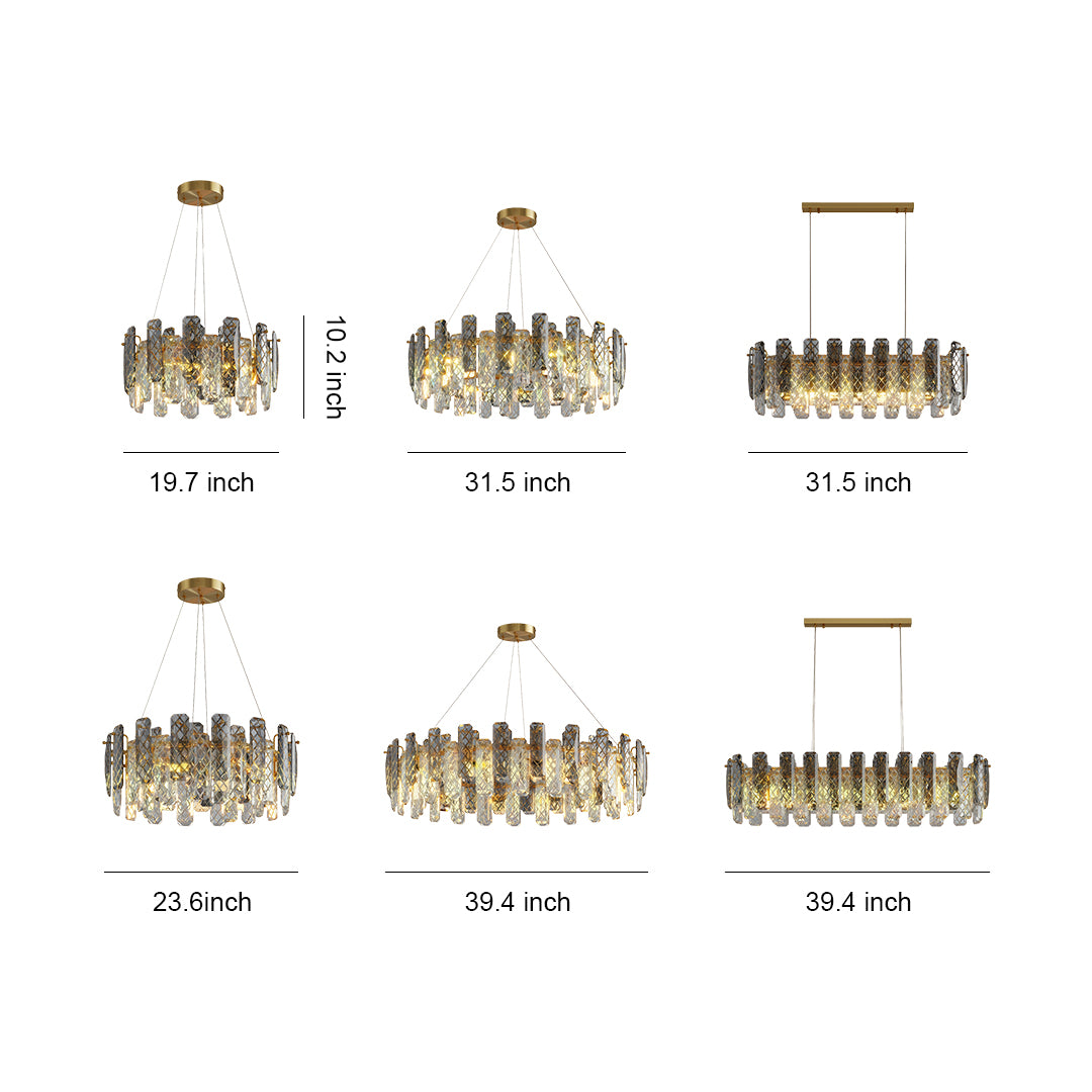 Contemporary crystal chandeliers with brushed gold and mixed crystal glass design.