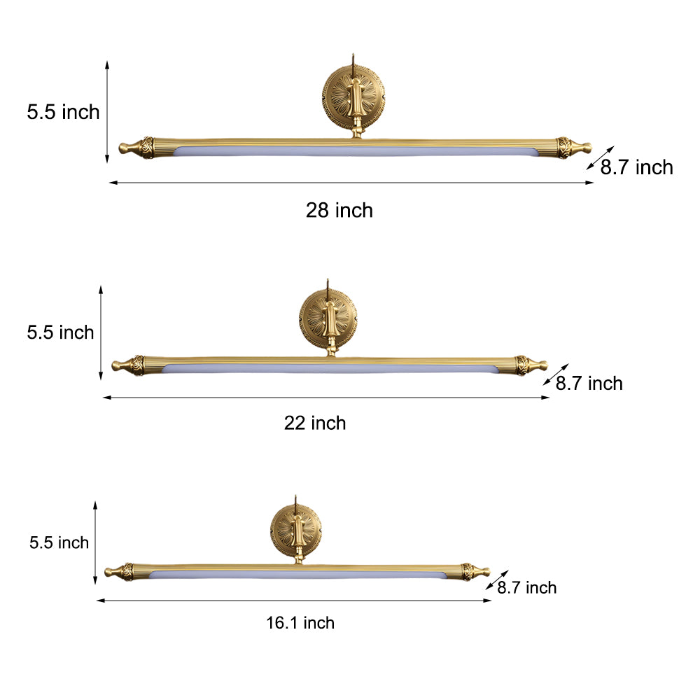 Brushed gold vanity light bar showing size and dimension options