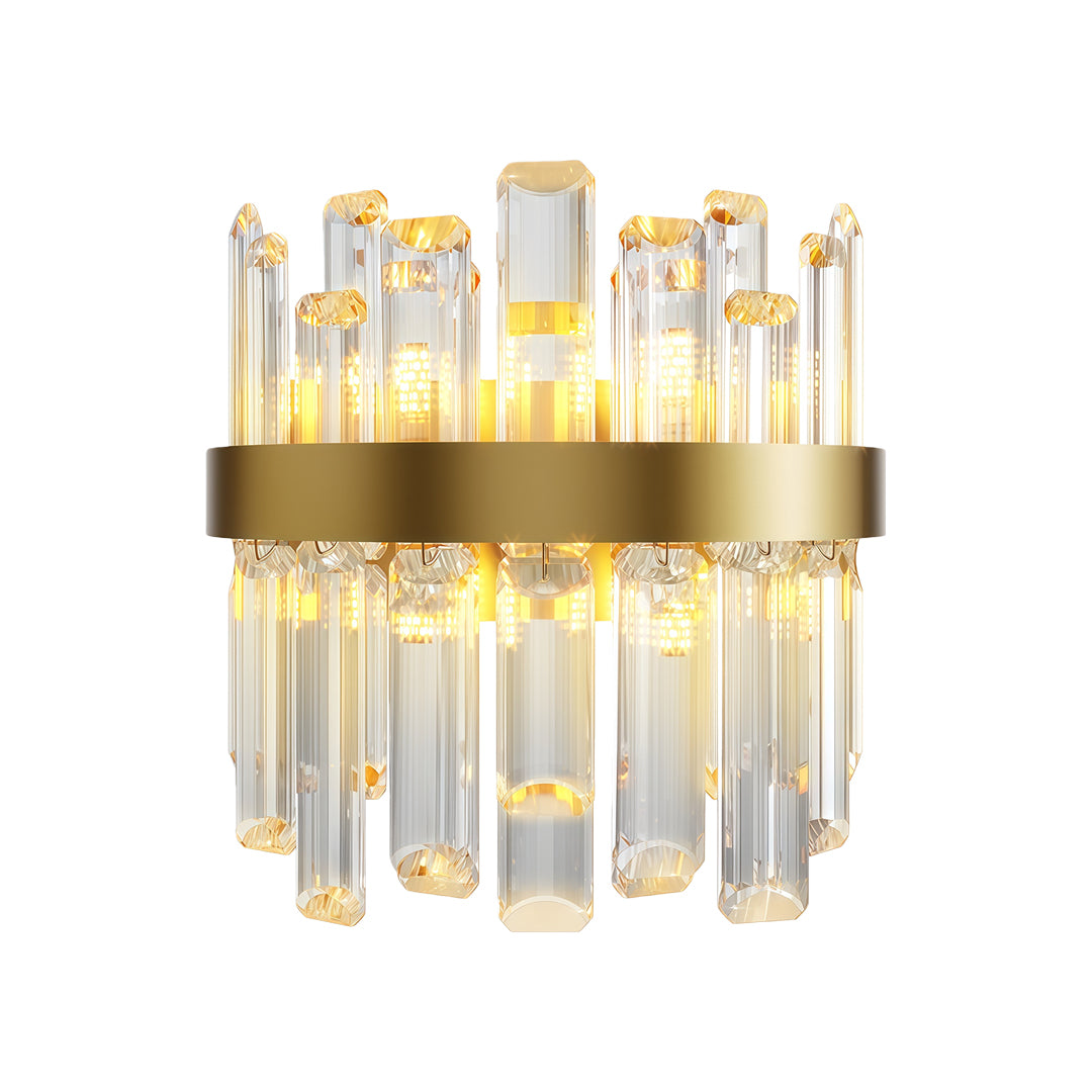 Modern luxury chandeliers with brushed gold band and vertical crystal glass rod design
