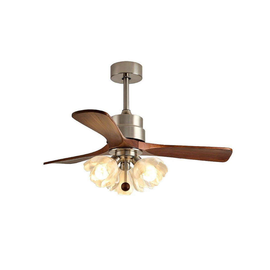 Ceiling fan with LED lighting featuring a brushed metal finish and warm wood blades.