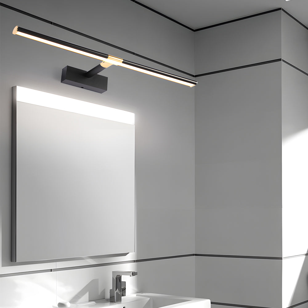 Brushed metal vanity lights enhancing a master bathroom mirror.