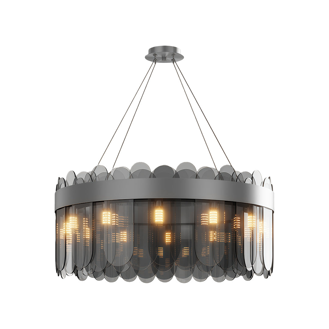 Modern luxury chandeliers featuring brushed nickel with architectural glass arrangement