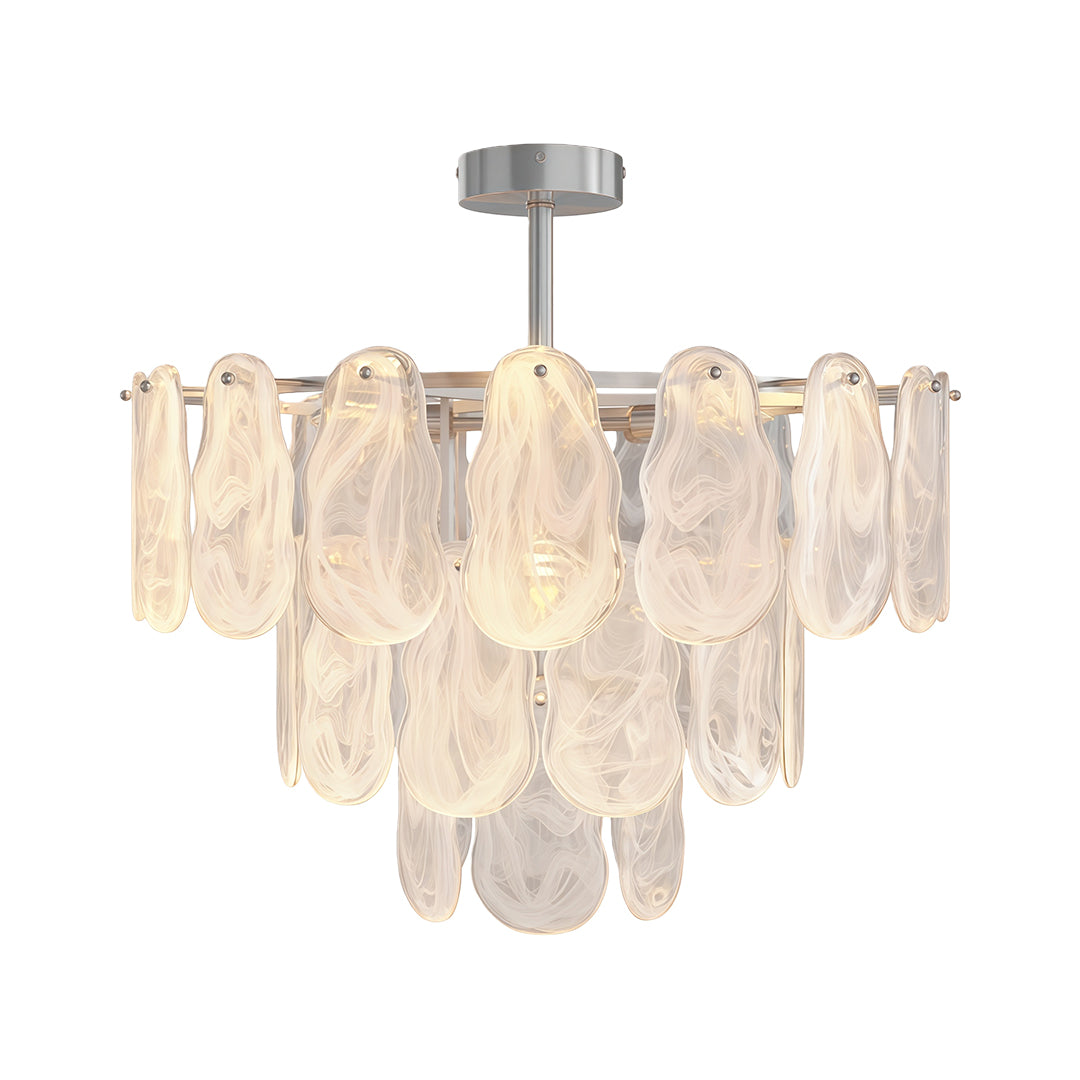 Midcentury modern chandelier in brushed nickel with cascading oval glass element arrangement.
