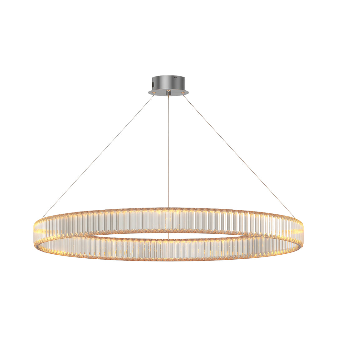 Modern luxury chandeliers featuring brushed nickel with circular crystal rod configuration