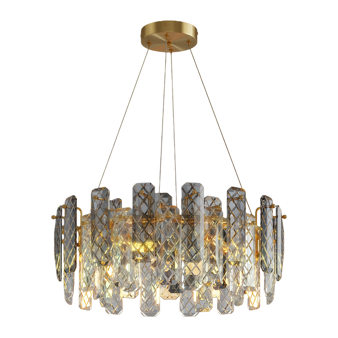 Contemporary crystal chandeliers featuring brushed nickel with clear and amber crystals.