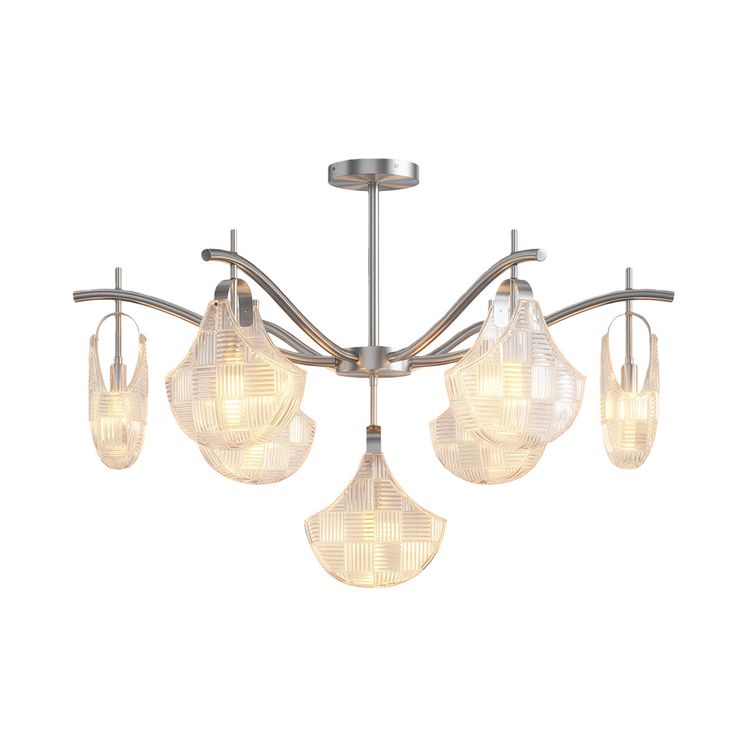 Modern luxury shell chandelier light featuring brushed nickel with curved arms and shell pendants.