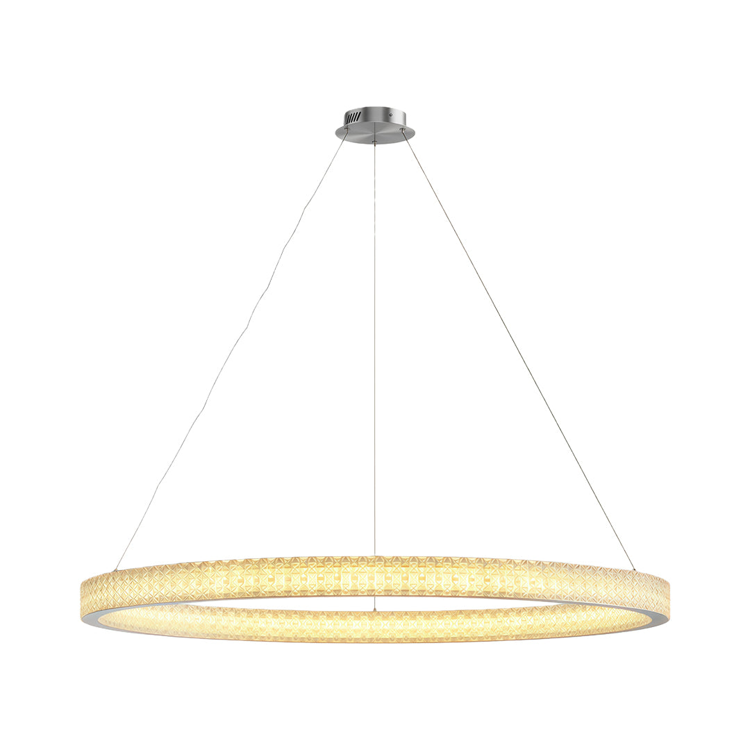 Modern luxury chandeliers featuring brushed nickel with horizontal crystal ring layout