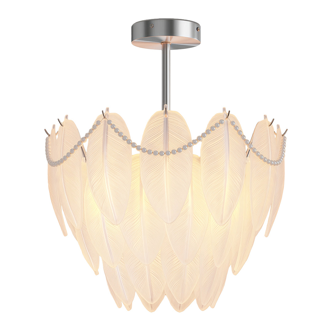 Modern luxury chandeliers in brushed nickel with ivory feather-shaped glass arrangement