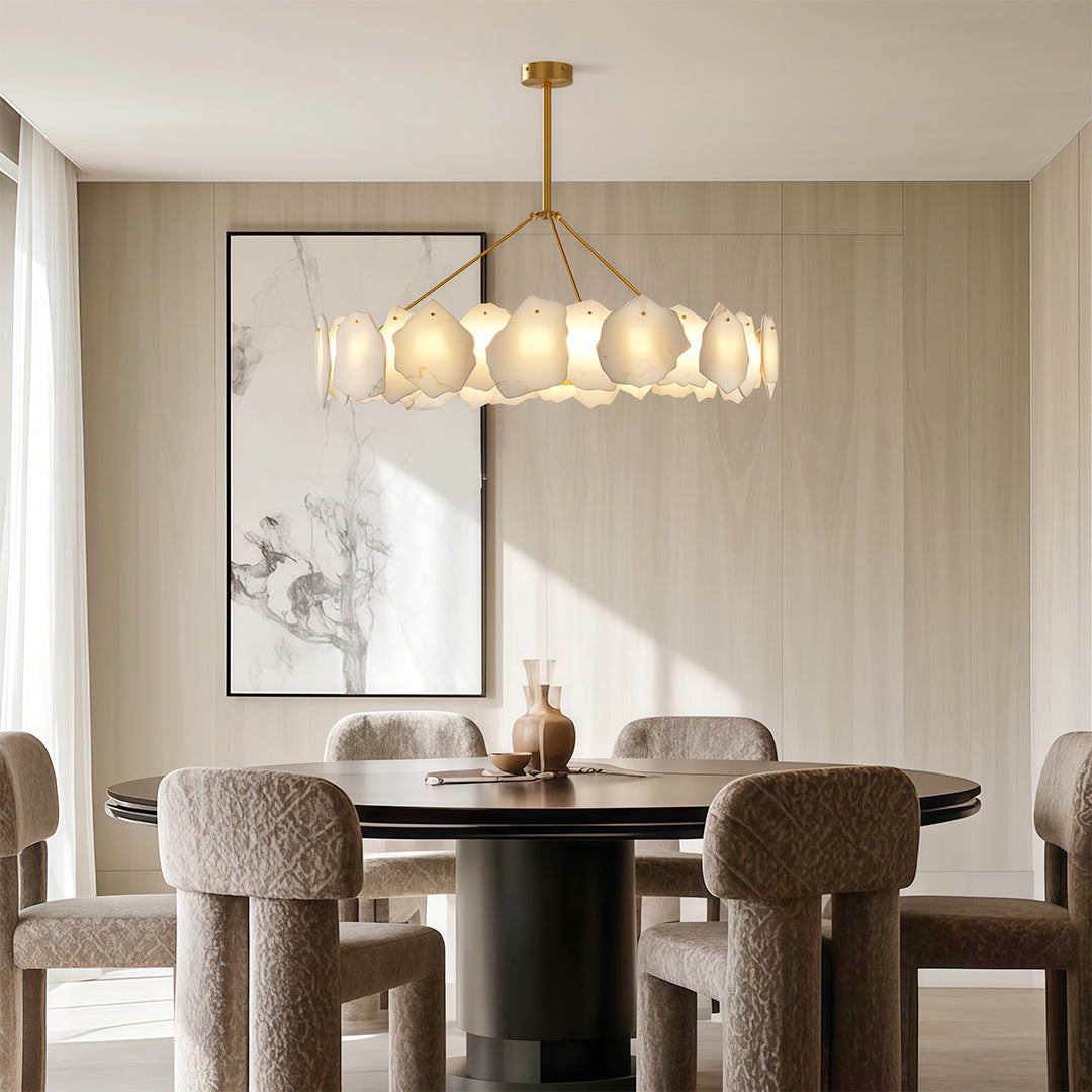 Luxury modern LED chandelier featuring brushed nickel with layered frosted glass panel configuration.