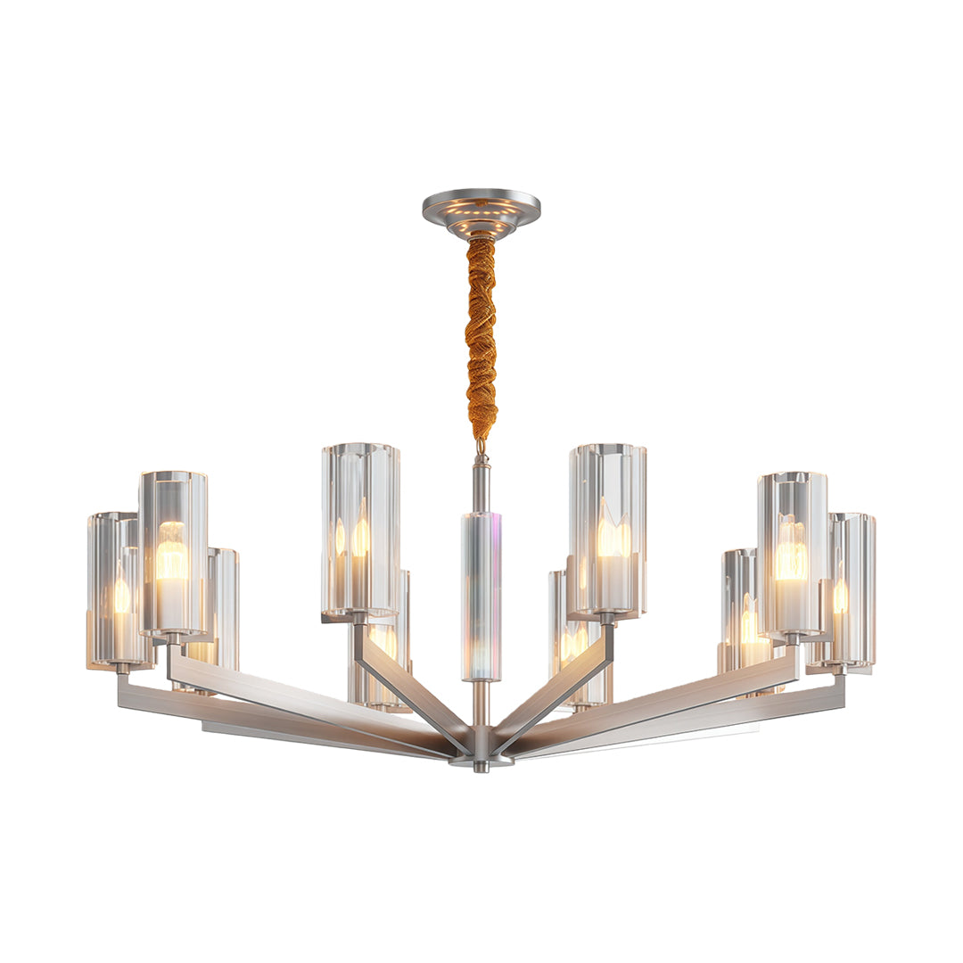 Shell chandeliers featuring brushed nickel with organic arm design and textured glass shades