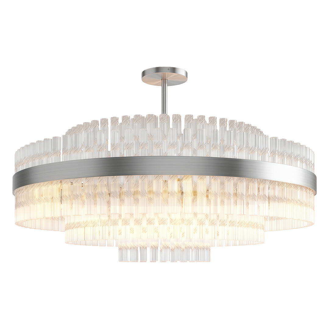 Industrial modern chandelier in brushed nickel with staggered crystal glass elements