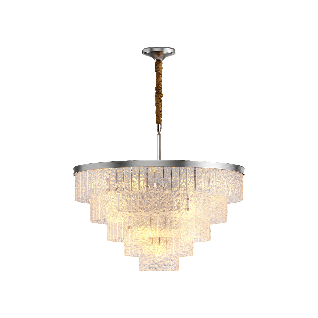 Luxury modern forms chandelier featuring brushed nickel with symmetrical crystal glass layers.