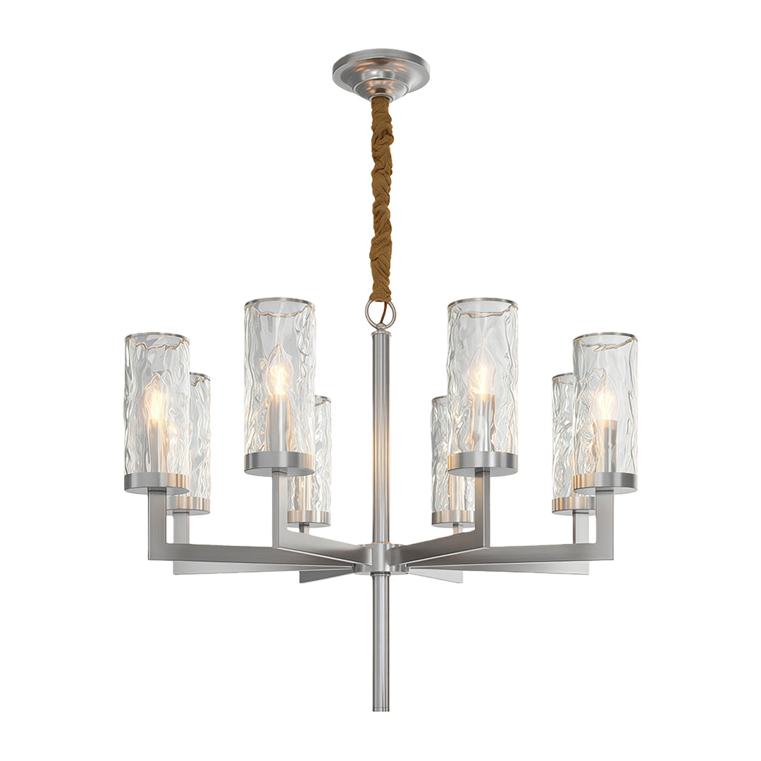 Modern luxury chandeliers featuring brushed nickel with symmetrical glass cylinder layout