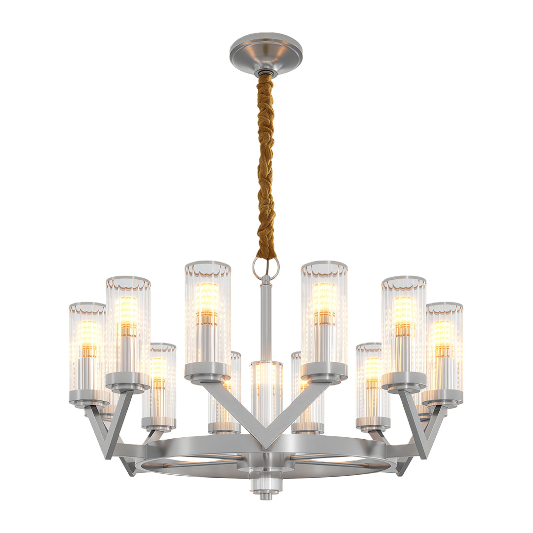 Modern luxury chandeliers featuring brushed nickel with symmetrical glass drop layout