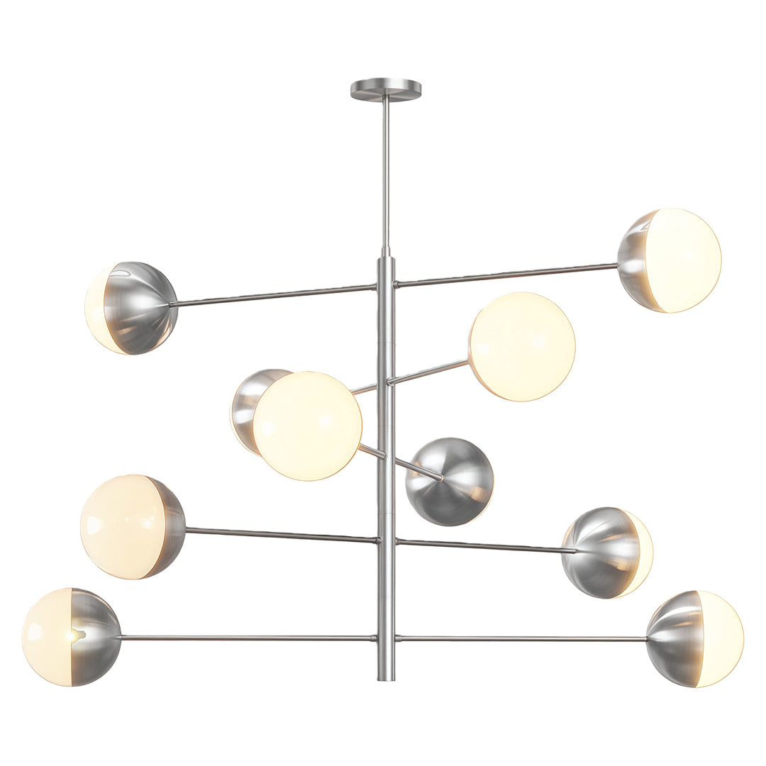 Modern luxury chandeliers featuring brushed nickel with symmetrical globe layout