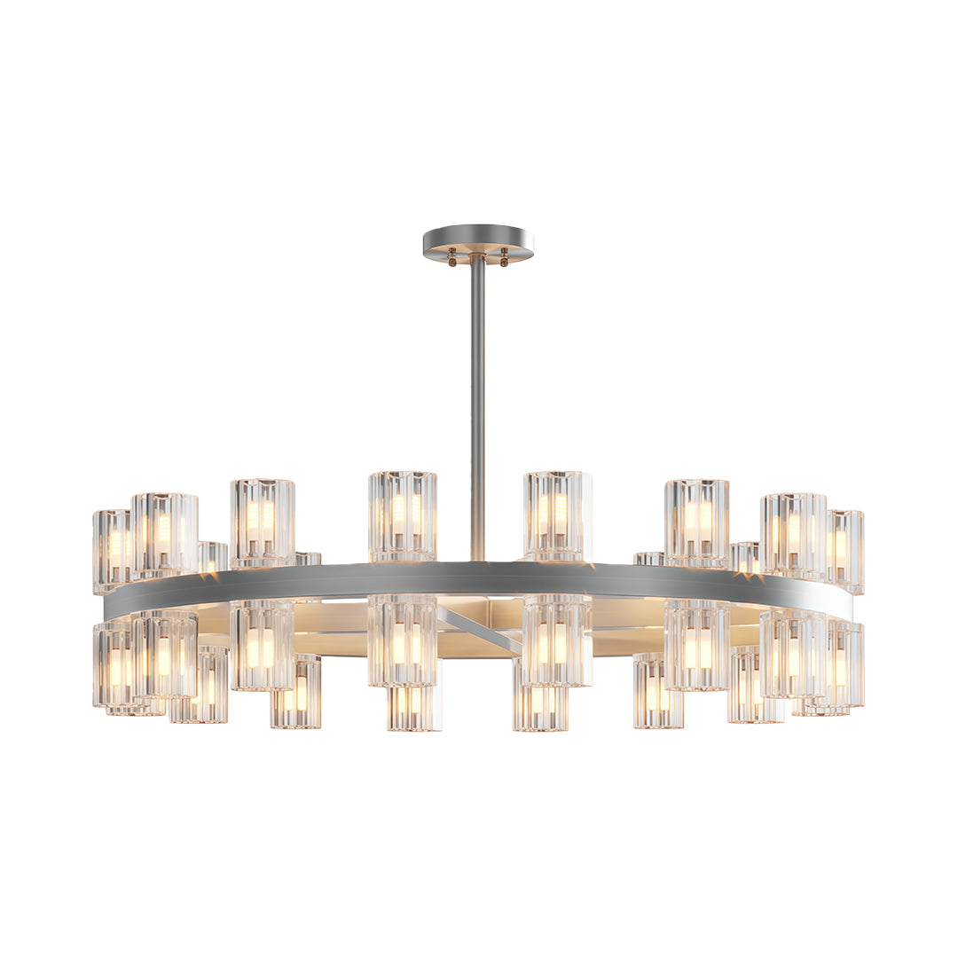 Modern luxury crystal chandeliers featuring brushed nickel with uniform crystal arrangement.