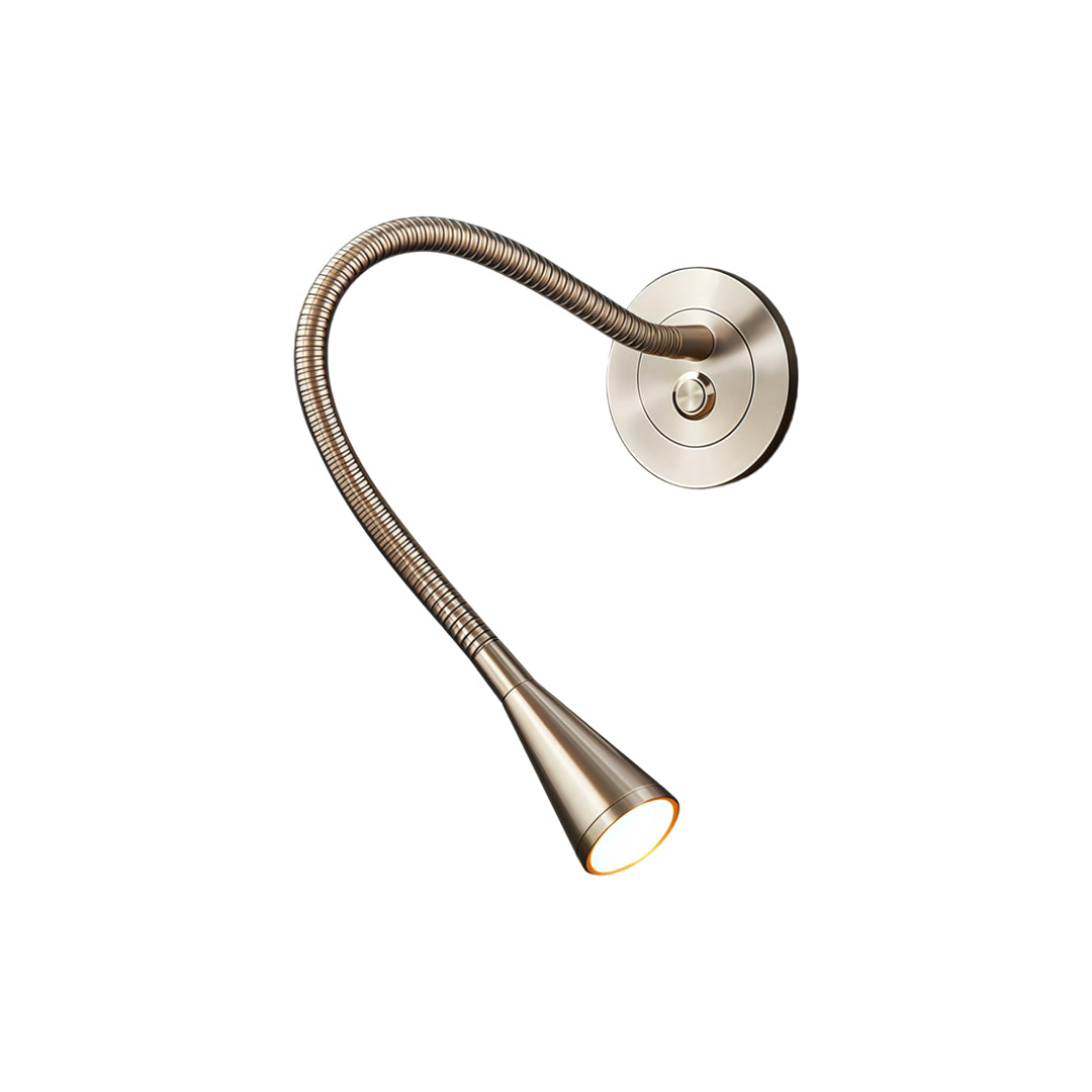Brushed nickel wall light with swing arm for modern reading and task lighting.