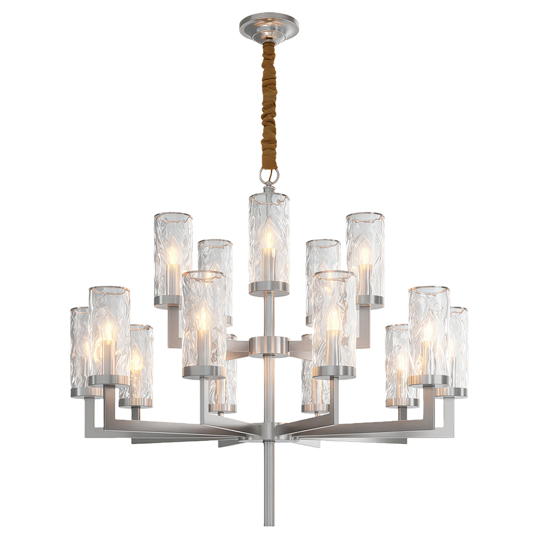 Modern luxury chandeliers featuring brushed silver with circular glass element configuration