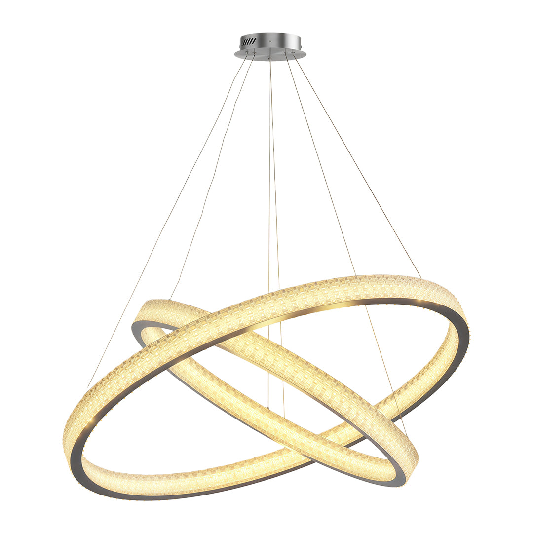 Modern luxury chandeliers featuring brushed silver with dual intersecting crystal rings