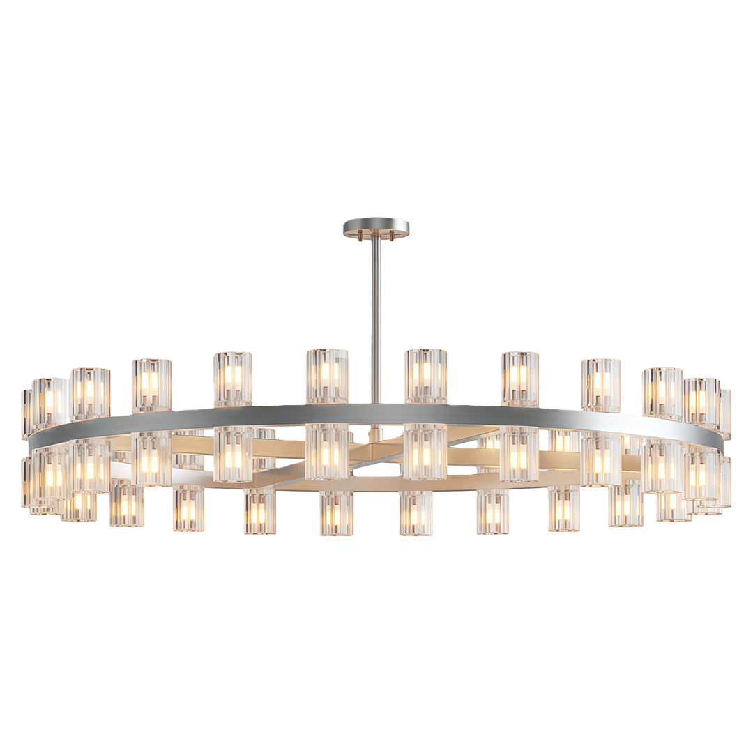 Modern luxury crystal chandeliers featuring brushed silver with horizontal crystal layout.