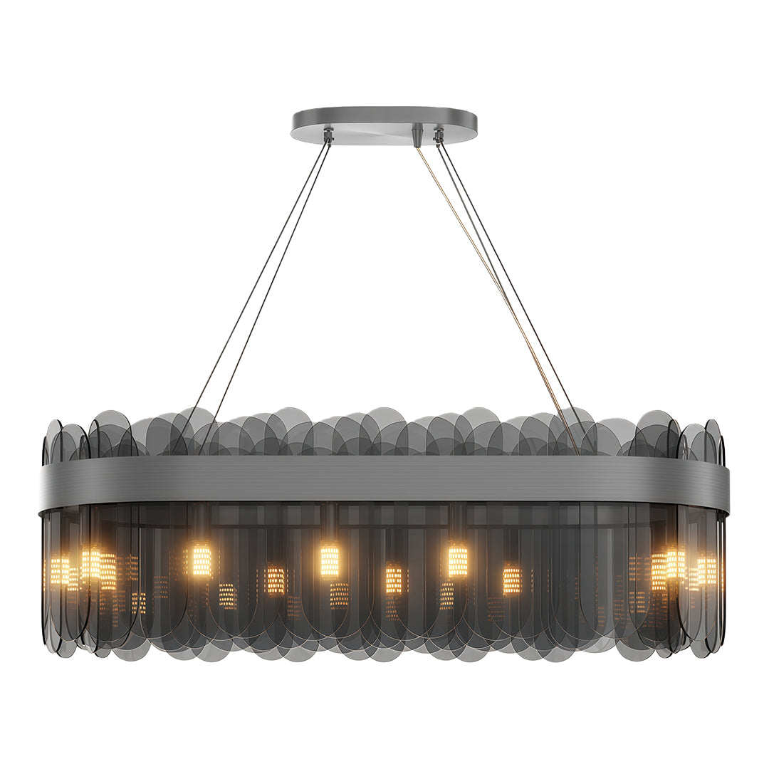 Modern luxury chandeliers featuring brushed silver with linear smoked glass arrangement