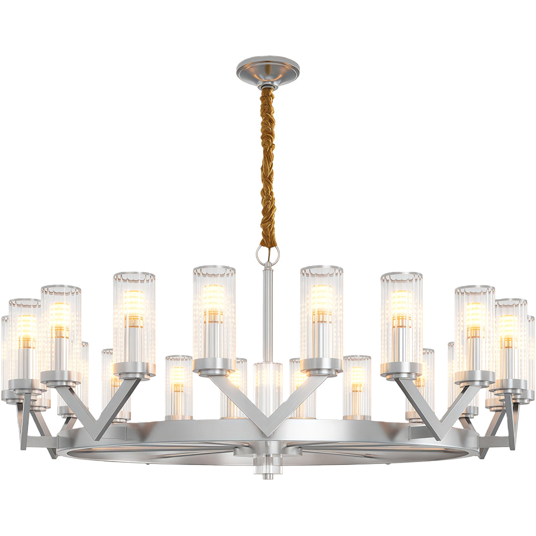 Modern luxury chandeliers featuring brushed silver with wide glass cylinder arrangement
