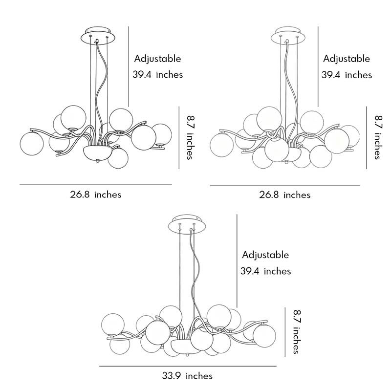 Dimension diagram of bubble chandelier lighting showing adjustable height and overall diameter measurements.