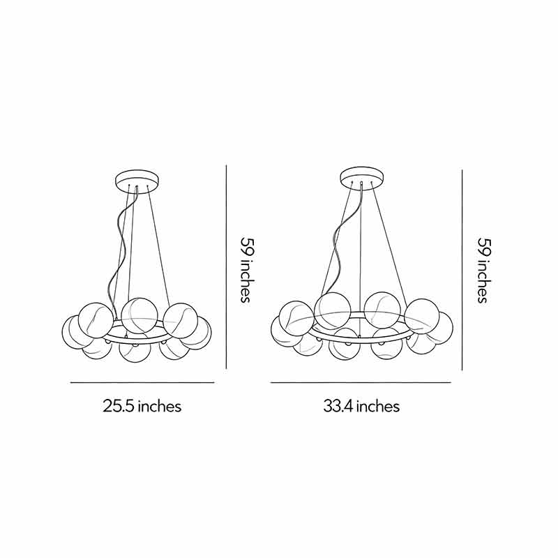 Technical drawing of bubble glass chandelier showing dimensions and hanging structure details.