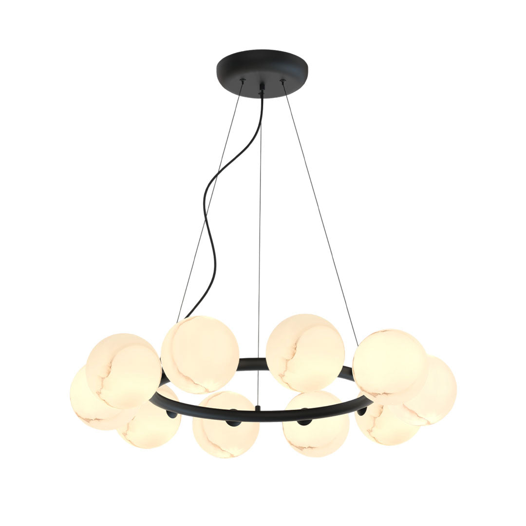 Alternative configuration of bubble glass chandelier with evenly spaced glowing globes.