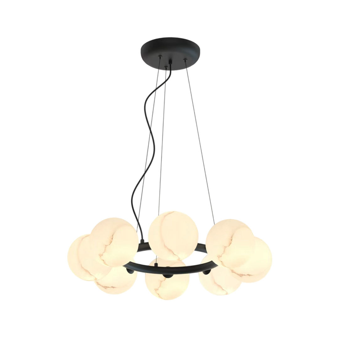 Product view of bubble glass modern chandelier with circular frame and multiple globe lights.