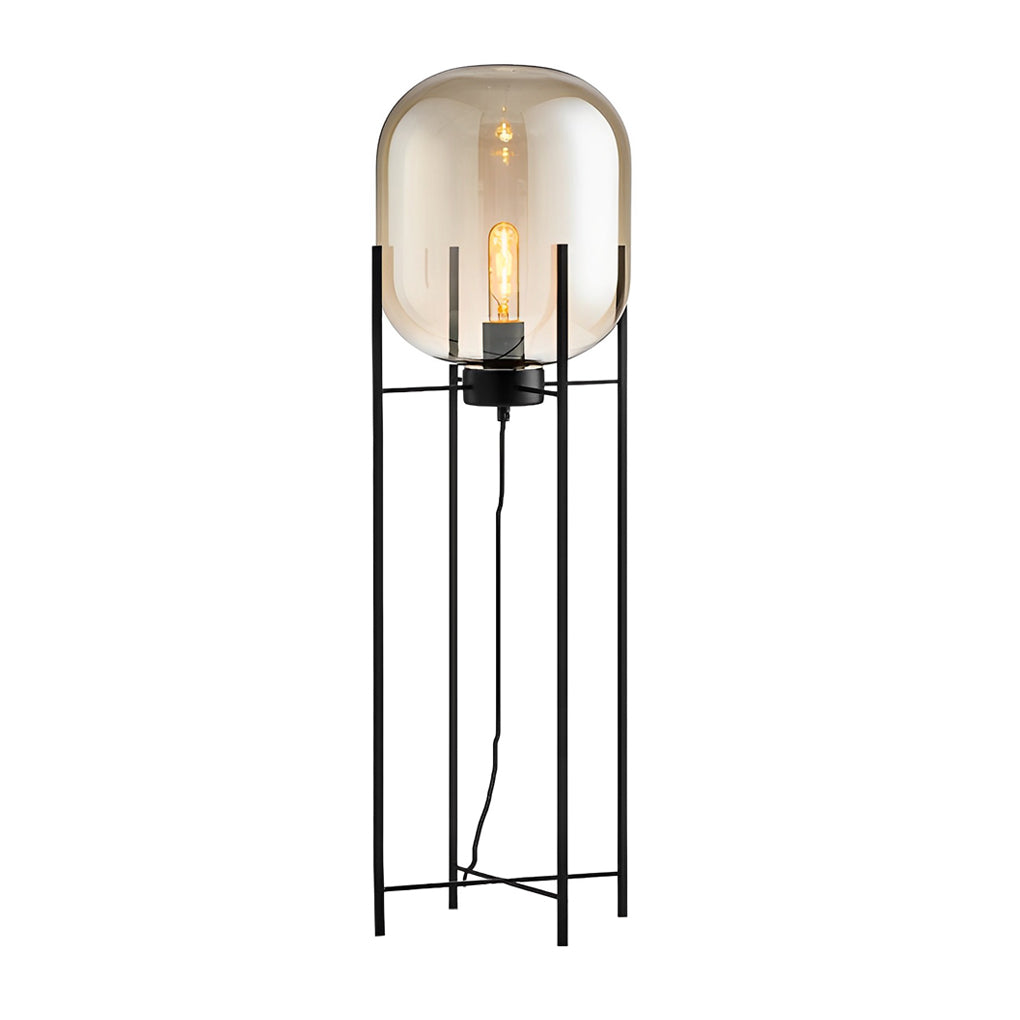 Bubble glass floor lamp with a slender black base, enhancing the aesthetic of a modern living area.