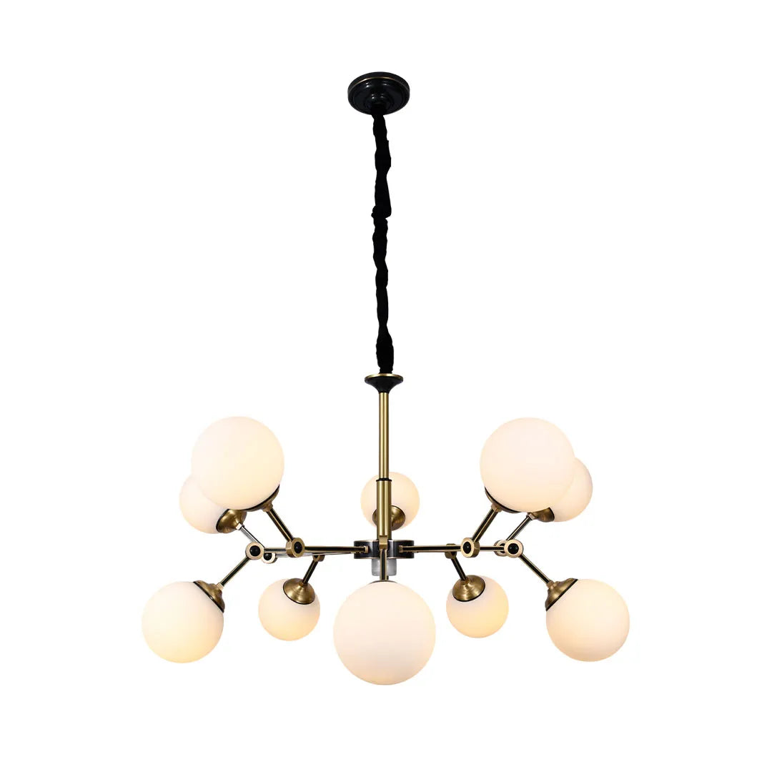 Bubble lighting chandeliers with a horizontal globe arrangement and decorative hanging structure.