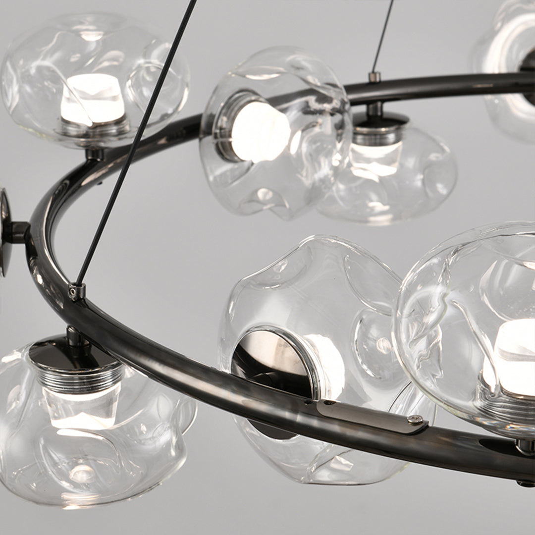 Close-up detail of bubbles chandelier with transparent glass spheres and black metal framework design