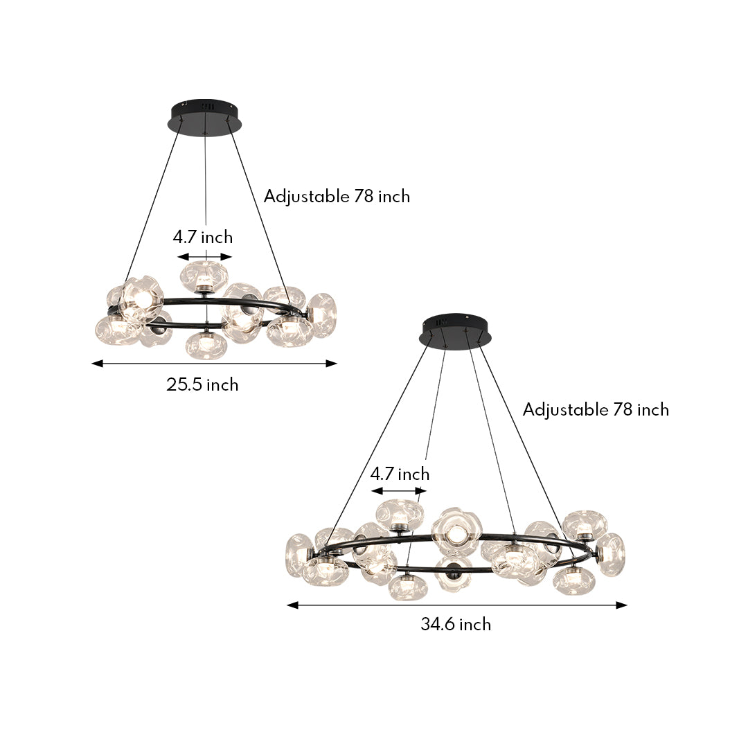 Technical specification drawing of bubbles chandelier with multiple configuration and sizing options